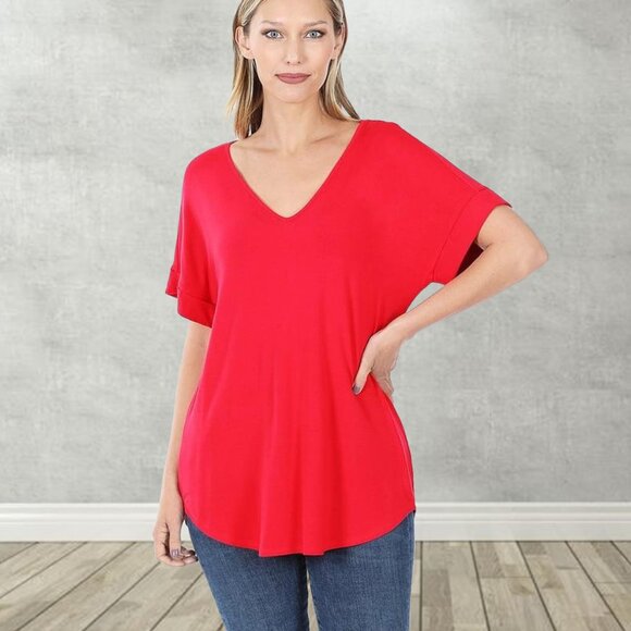 SOFT! Stretchy Luxe Rayon Short Cuff Sleeve V-Neck T-Shirt - Picture 3 of 11
